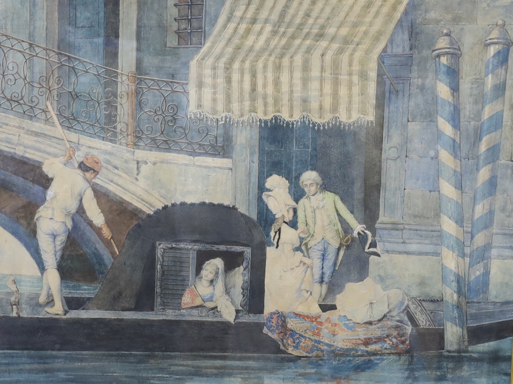 Italian School, circa 1900, watercolour, Venetian scene with gondola and figures, indistinctly signed, 39 x 52cm, ornate gilt framed